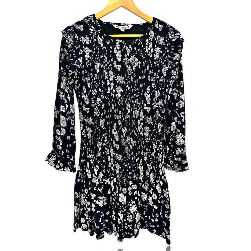 Walter‎ Baker Dress Smocked Black and White Floral Marisol 3/4 Sleeves Medium